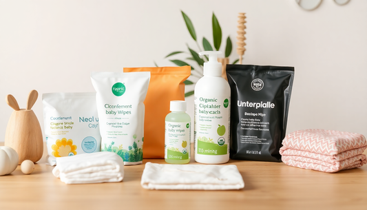 A collection of organic baby Diaper & wipes products on a table