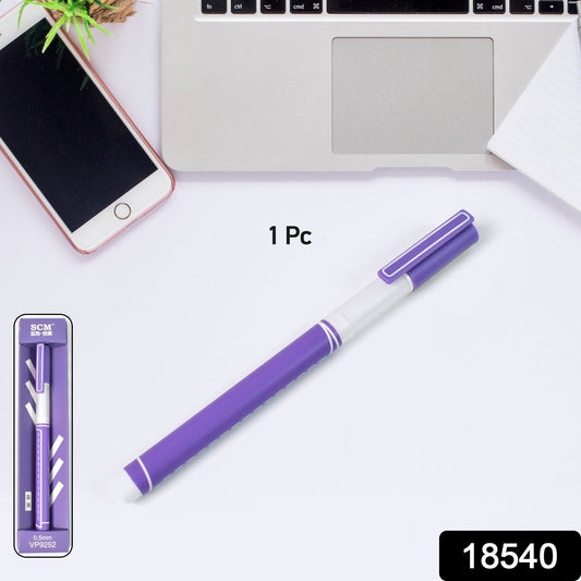 Your Brand 0.5 mm black ball pen in purple color with packaging and a smartphone on a desk