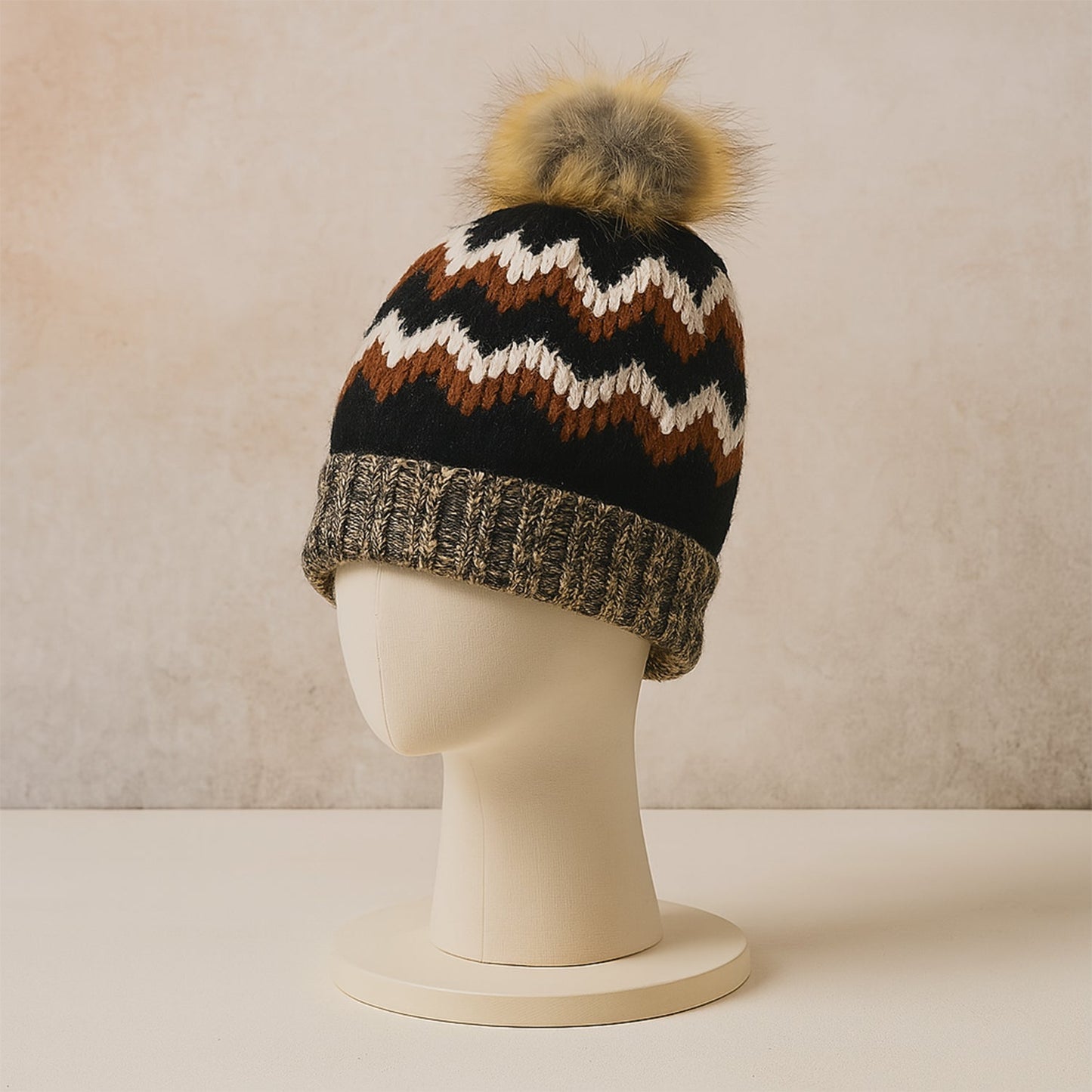 Winter Woolen Knitted Black Inside Fur Beanie Cap (1 Pc / Mix Design & Color) Your Brand