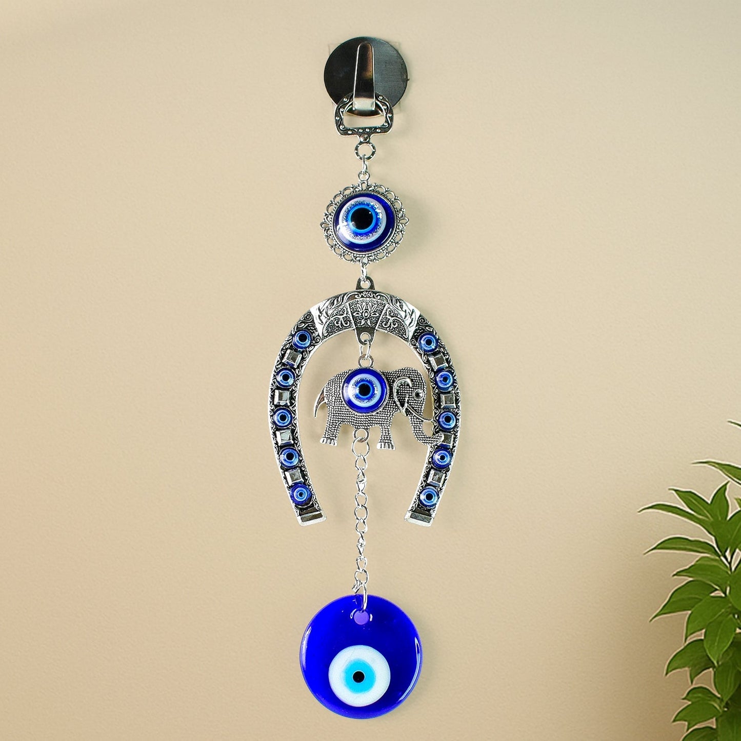 Decorative Evil Eye Hanging with Elephant and Horseshoe Motif, Wind Chime (1 Pc) Your Brand