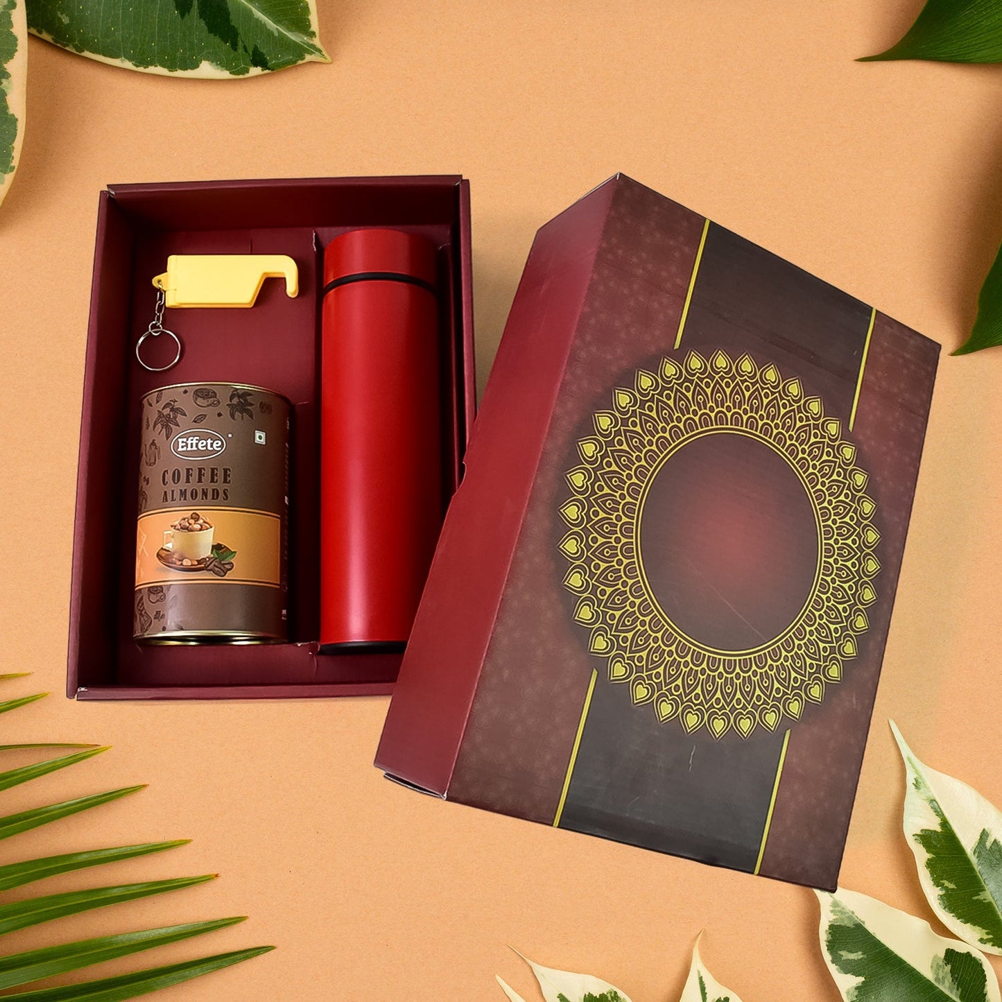 Personalized Temperature Water Bottle, 2in1 Keychain Coffe Chocolate (With Attractive Peacock Box / 3 Pc Set / Mix Color Bottle) Your Brand