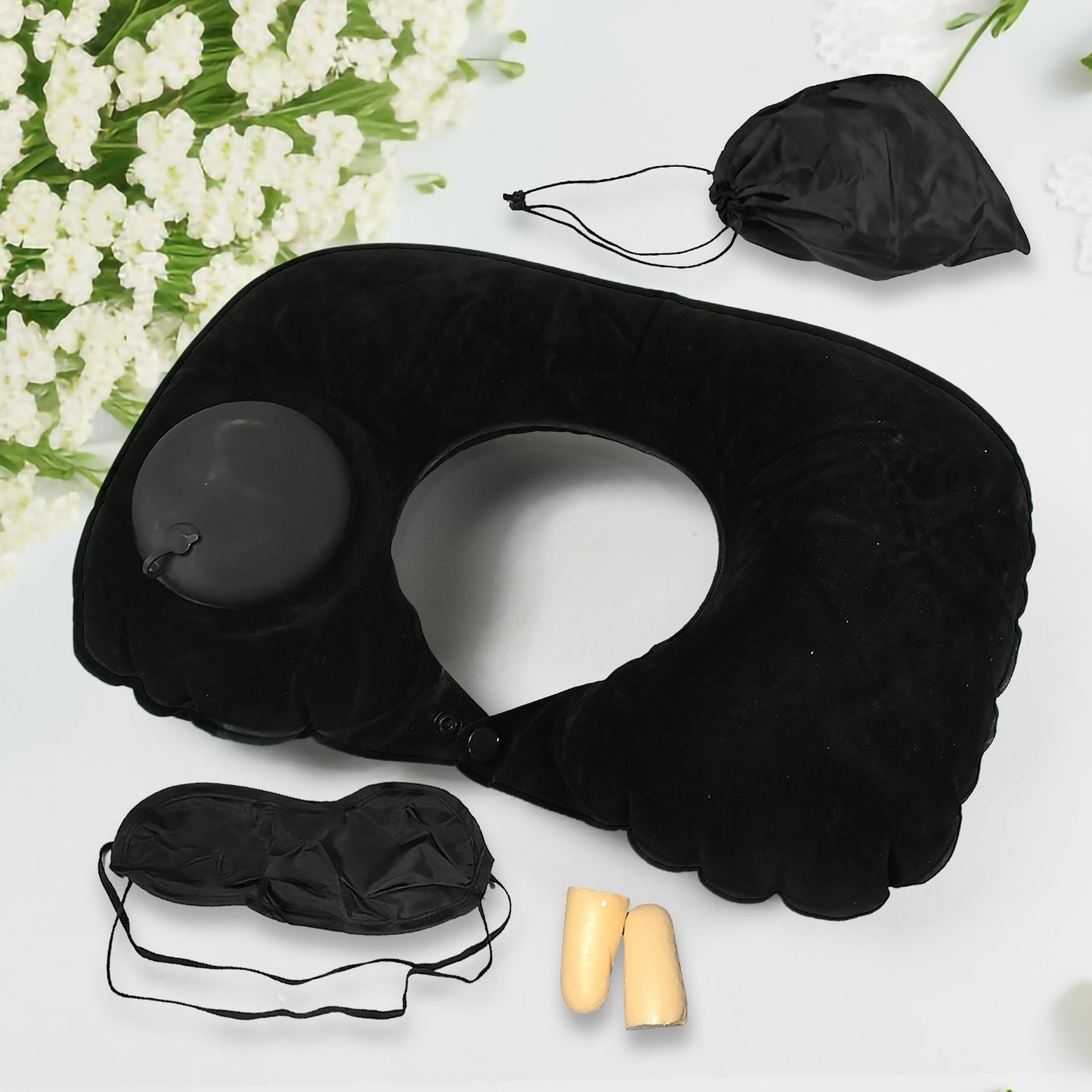 8512 3 in 1 Comfortable Travel Sleeping Kit, Neck Pillow, Eye Mask & Ear Plug Set Inflatable Plane Sleeping Pillow Head Neck Support Pillows for Travel Airplane Office, Black Your Brand