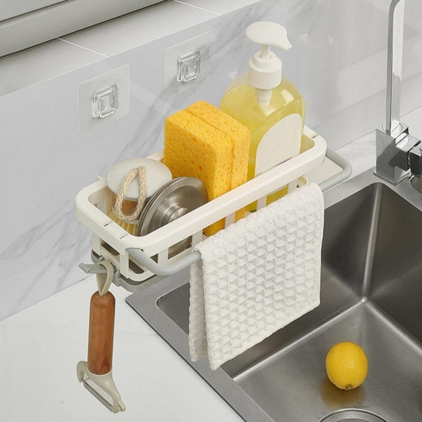Multipurpose Platic Hanging Drain Rack Retractable Sponge Storage Hanging Rack With Adhesive Hook for Kitchen and Bathroom Dishcloth Holders Basket Drying Tray Organizer Your Brand