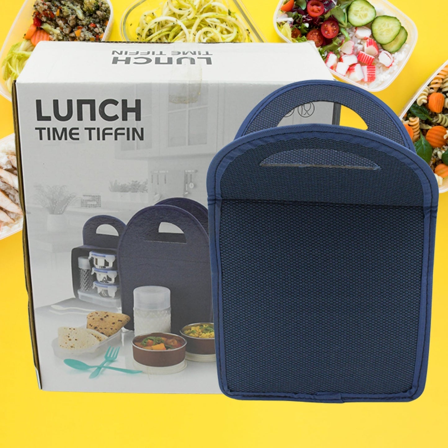 6In1 Tiffin Box-Lunch Box | 3 Stainless Steel Containers | Plastic lid Box | Spoon & Fork /Plastic Bottle | Insulated Fabric Bag | Leak Proof | Microwave Safe for Office, College and School for Men, Women (6 pcs) Your Brand