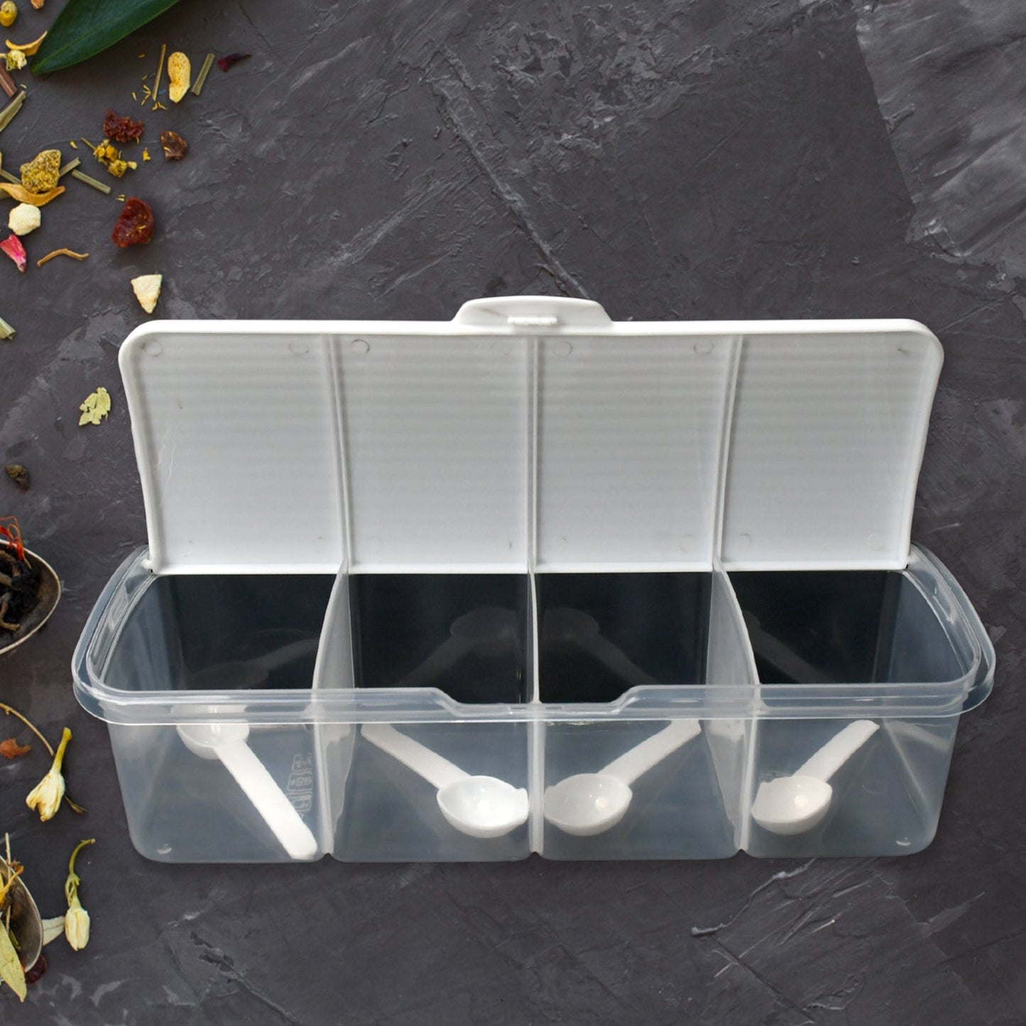 Kitchen Multipurpose Air-tight 4 Sections Storage Containers / Masala Box Pickle (Achar) Jar with 4 spoon for each section (1 Pc / Mix Color) Your Brand