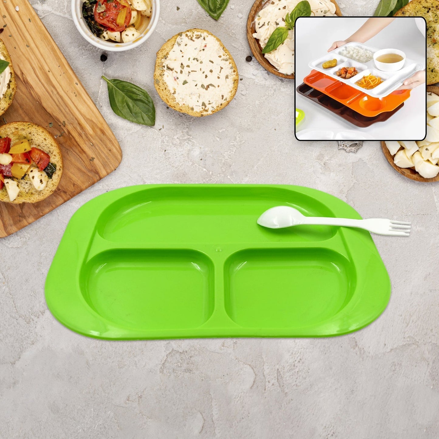Plastic Food Plates / Biodegradable 3 Compartment Square Plate With Spoon for Food Snacks / Nuts / Desserts Plates for Kids, Reusable Plates for Outdoor, Camping, BPA-free (1 Pc) Your Brand
