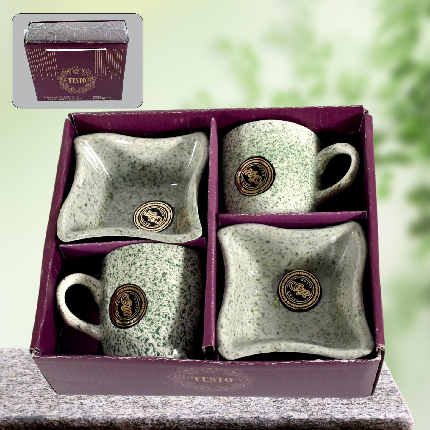 Ceramic Tea / cups / Mug Set Including Snacks / Serving Bowl Milk Cup, Coffee Cup, Tea Cup, Breakfast Cup, Drinking Mug or Outdoor for Household, Gift for Birthday, Wedding Party (4 Pcs set) Your Brand