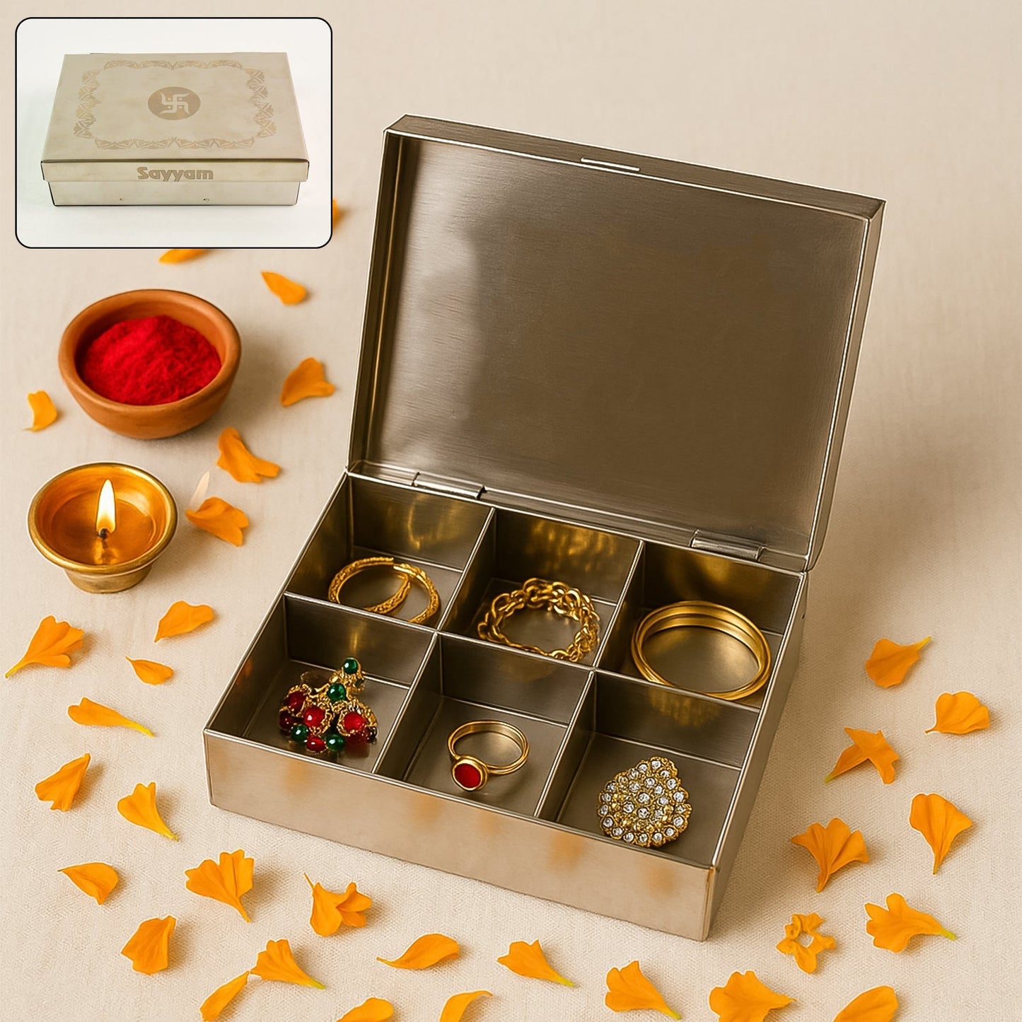Multipurpose Premium Stainless Steel Jewelry Storage Organizer Box with 6 Compartments (1 Pc) Your Brand