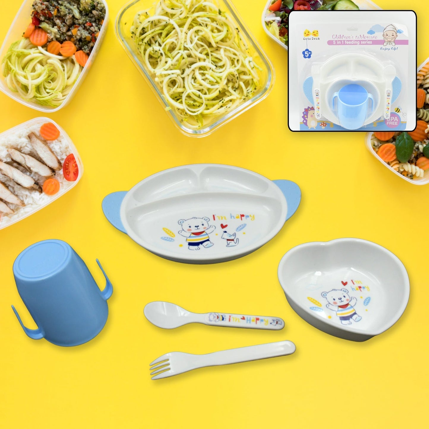 5in1 Baby Feeding Set for Kids and Toddlers,Children Children Dinnerware Set - Feeding Set for Kids, Cartoon Design Plate, Cup, Spoon, Fork Tableware Cutlery for Kids Microwave (5 Pcs Set) Your Brand