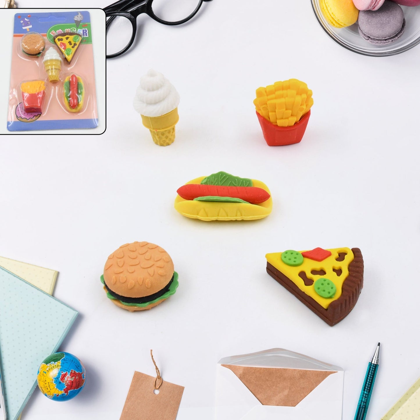 3D Food Fancy & Colorful Erasers – Cute Novelty Eraser Set for Kids & School Prize (1 Set / Mix Design & Color) Your Brand