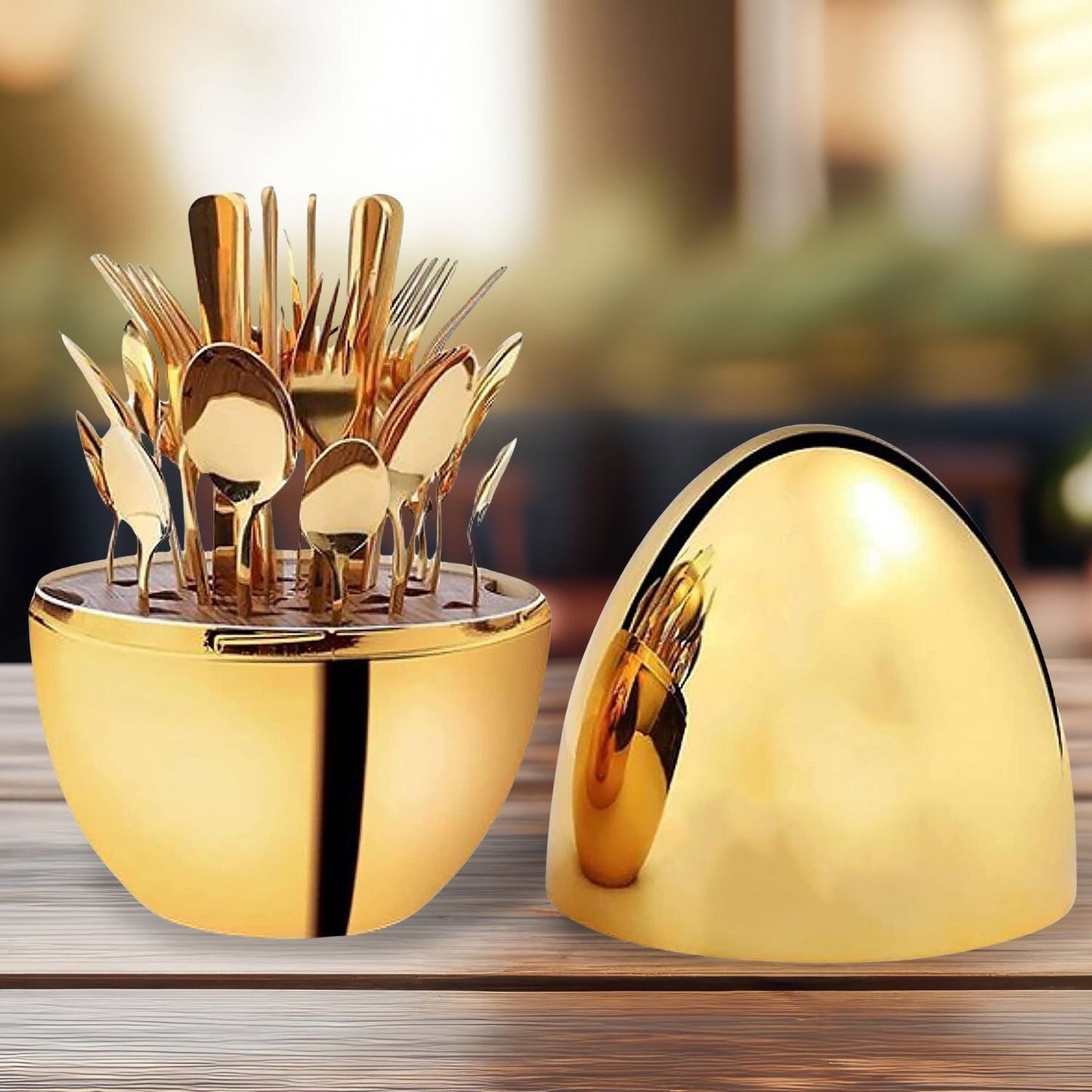Premium Cutlery Set 24 Pcs with Oval Shaped Stand | Beautiful Stylish Oval Designed Cutlery Sets, Egg-Shaped Luxury Spoon Holder Set (Golden / 24 pcs set) Your Brand