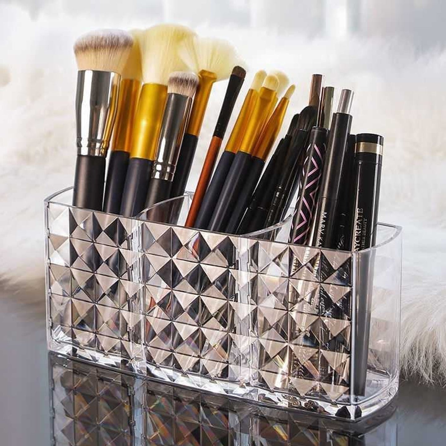 Elegant Crystal-Effect 3-Compartment Acrylic Makeup Brush Holder (1 Pc) Your Brand