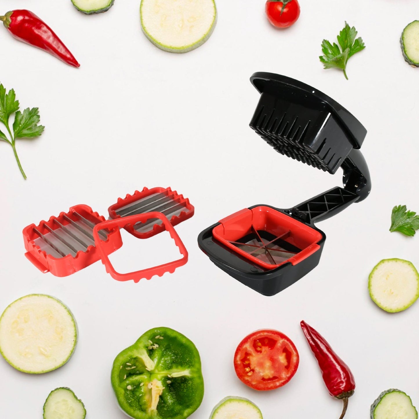 Multifunction Vegetable Cutter Manual Vegetable Quick Dicer Fruit Chopper Slicer with 3 Interchangeable Stainless Steel Blade Inserts, Non-Skid Base Slicer and Chopper Your Brand