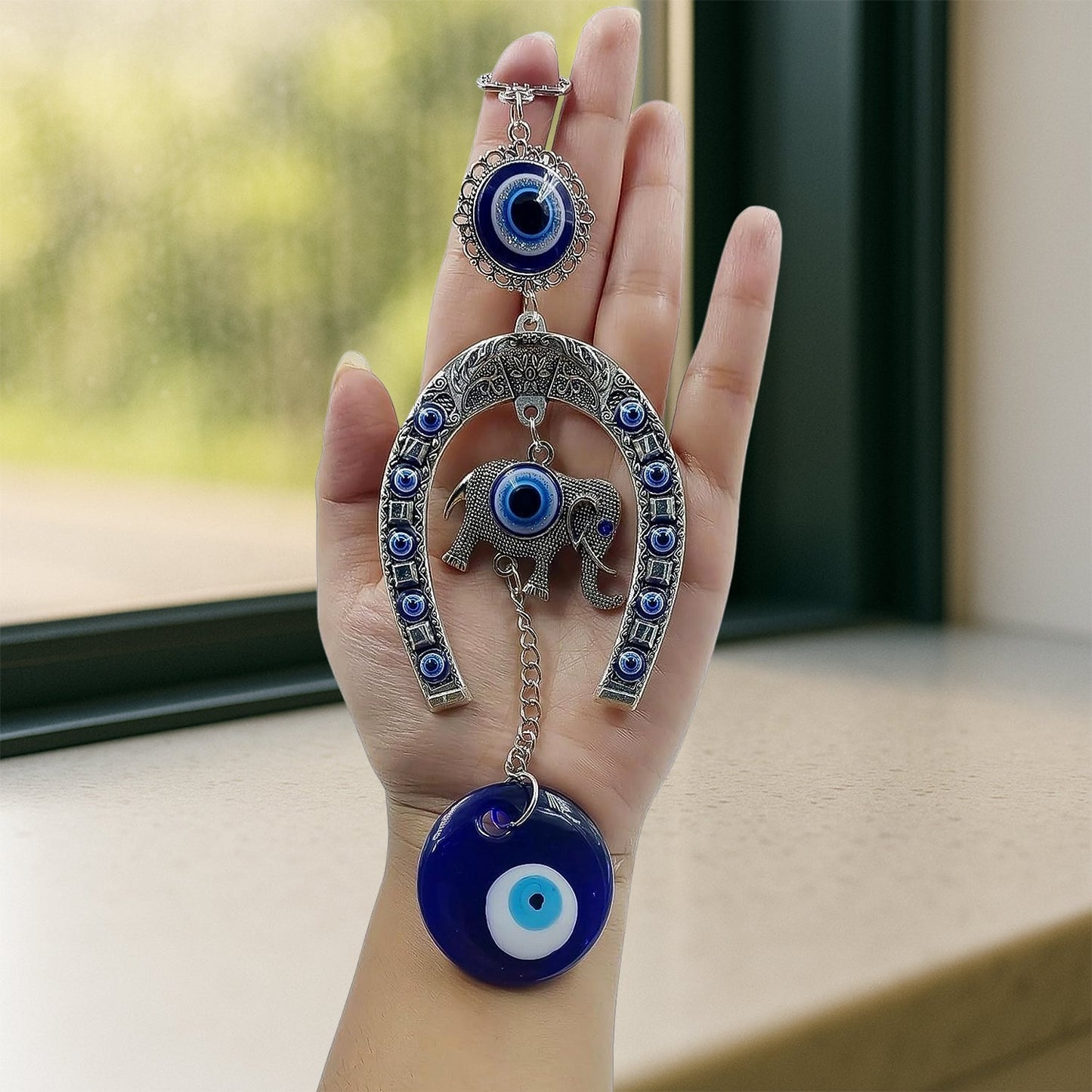 Decorative Evil Eye Hanging with Elephant and Horseshoe Motif, Wind Chime (1 Pc) Your Brand
