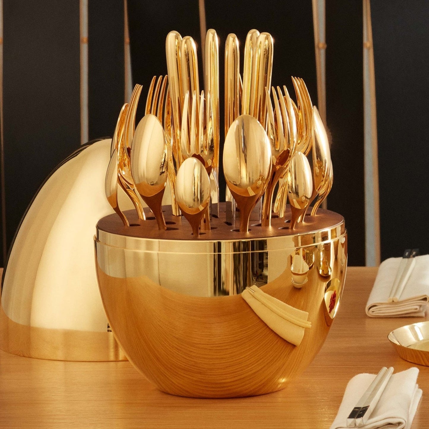 Premium Cutlery Set 24 Pcs with Oval Shaped Stand | Beautiful Stylish Oval Designed Cutlery Sets, Egg-Shaped Luxury Spoon Holder Set (Golden / 24 pcs set) Your Brand