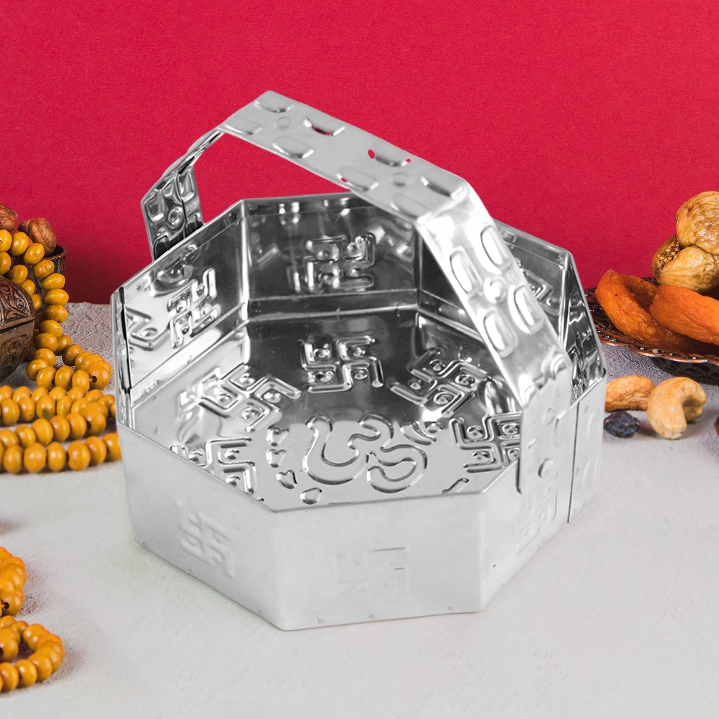 Traditional Stainless Steel Octagon Pooja Basket 1 Pc with Handle Your Brand