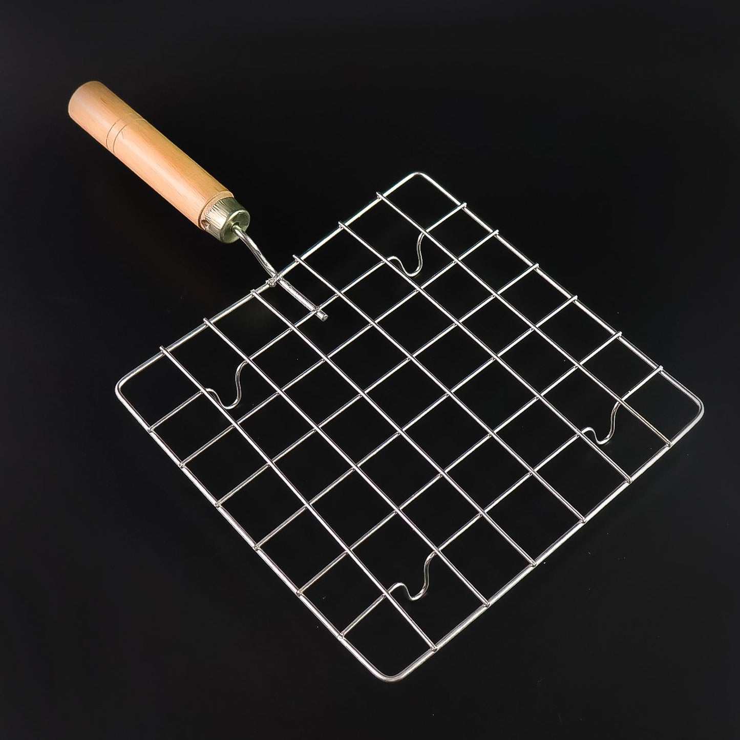 Stainless Steel Square Papad jali, Barbecue Grill Rack with Wooden Handle (1 Pc) Your Brand