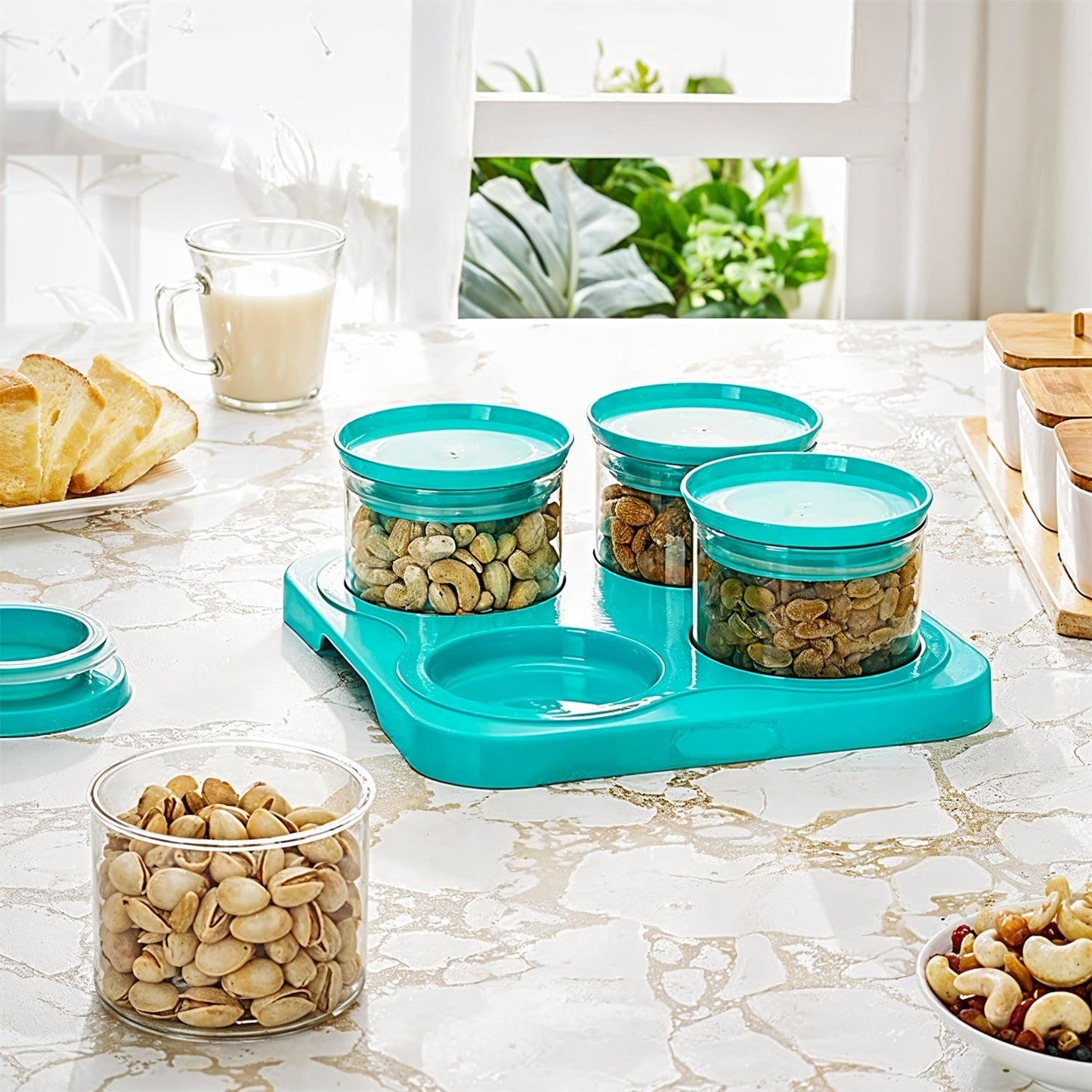 Airtight Container Jar 4 Pc Set With Stylish Tray for Kitchen Unbreakable Jar Set for Multipurpose Storage ( Mukhwas Dani ) Your Brand