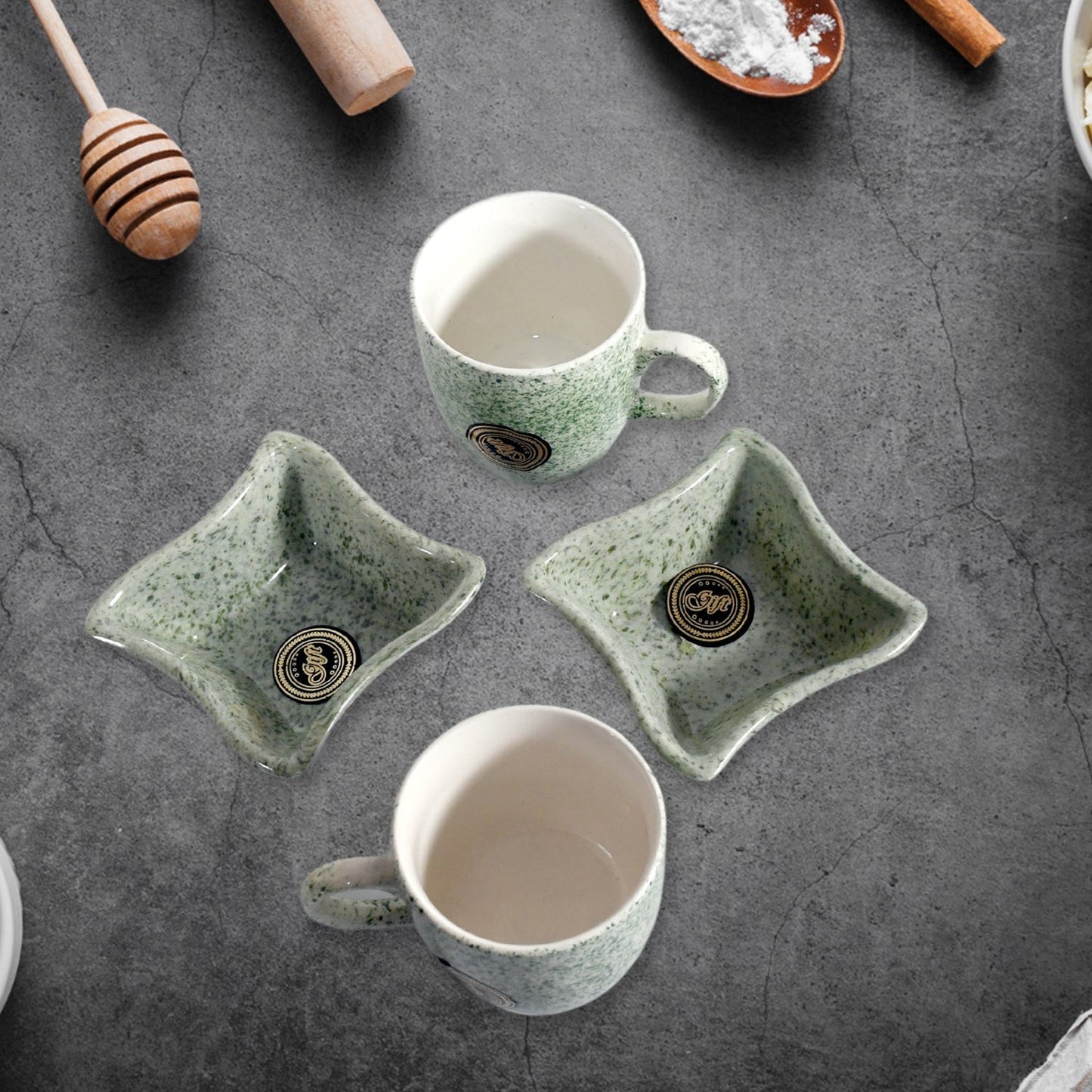 Ceramic Tea / cups / Mug Set Including Snacks / Serving Bowl Milk Cup, Coffee Cup, Tea Cup, Breakfast Cup, Drinking Mug or Outdoor for Household, Gift for Birthday, Wedding Party (4 Pcs set) Your Brand