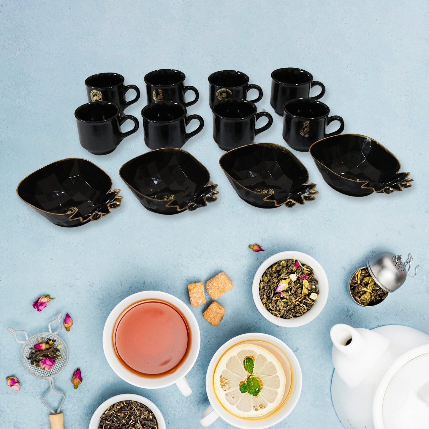 Pine Junction Ceramic Tea / cups / Mug Set With Pineapple Shape Serving Bowl (12 Pcs set) Your Brand
