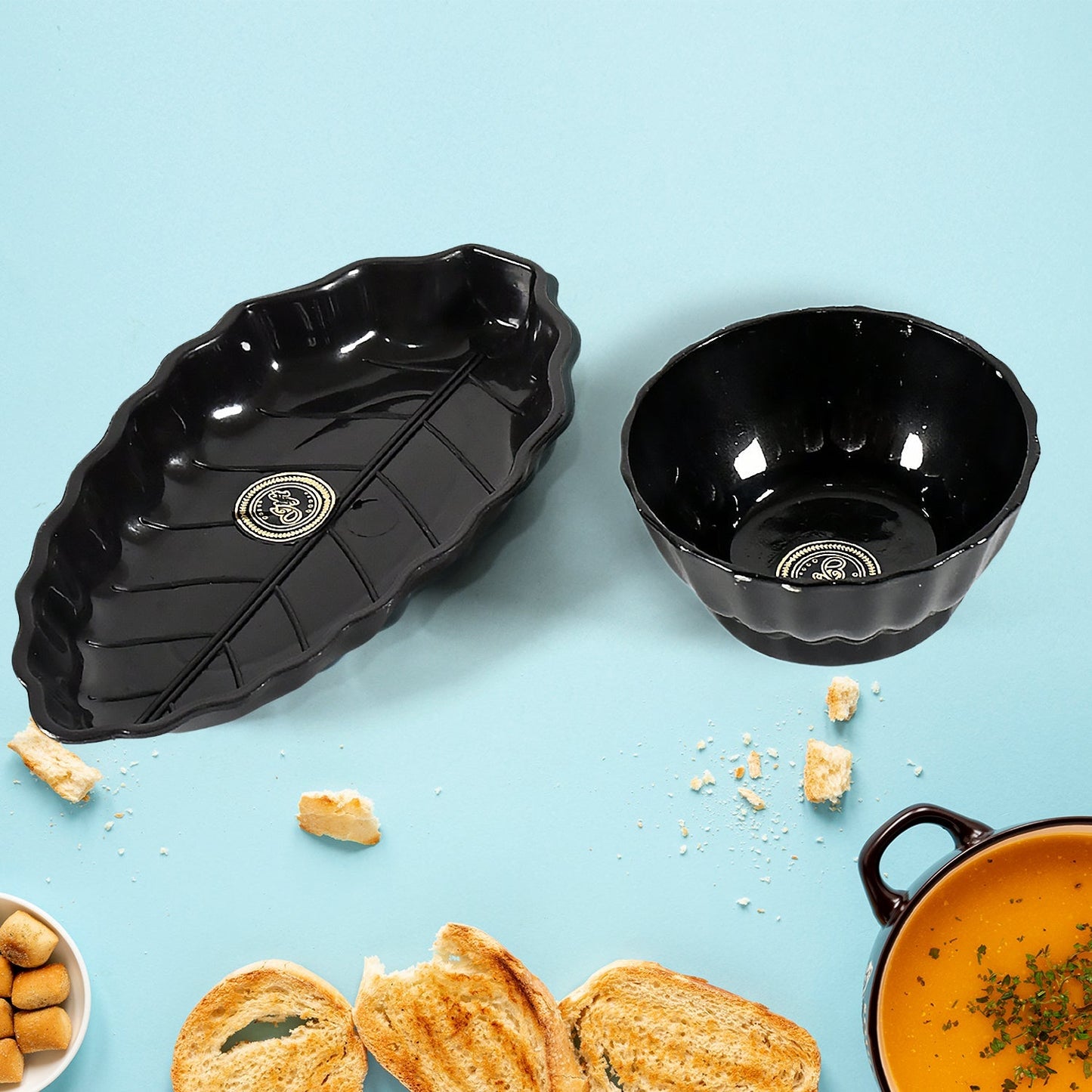 Ertiga Round Ceramic Bowl With Plastic leaf shape Serving platter Portable, Lightweight Breakfast, Serving Bowl | Highly Durable Material | Ideal for Rice, Pasta, Desserts Home & Kitchen Serving Bowl & platter (4 Pcs set) Your Brand