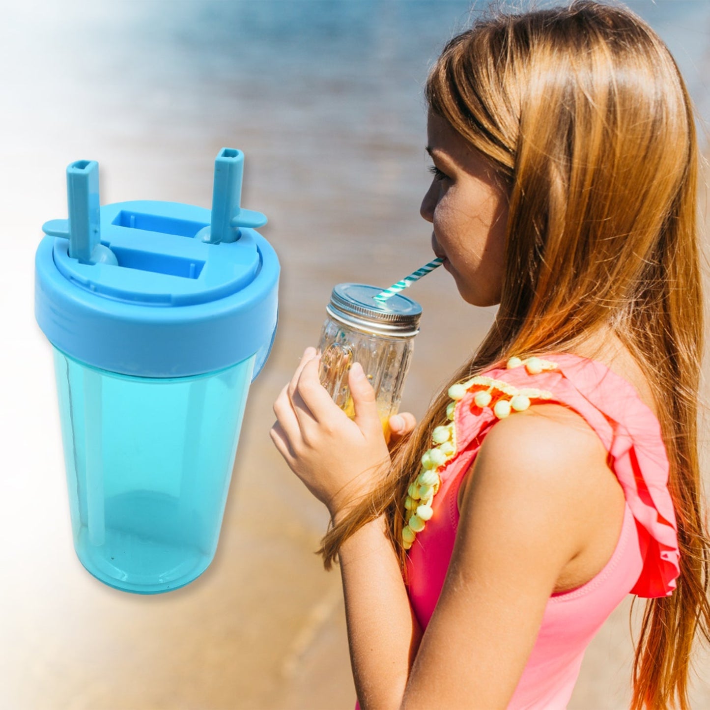 2 Drinks in 1 Cup Water Bottle, Stable Sturdy Dual Use Bottle 2 Straws for Shopping Travel for Outdoor Activities (1 Pc) Your Brand