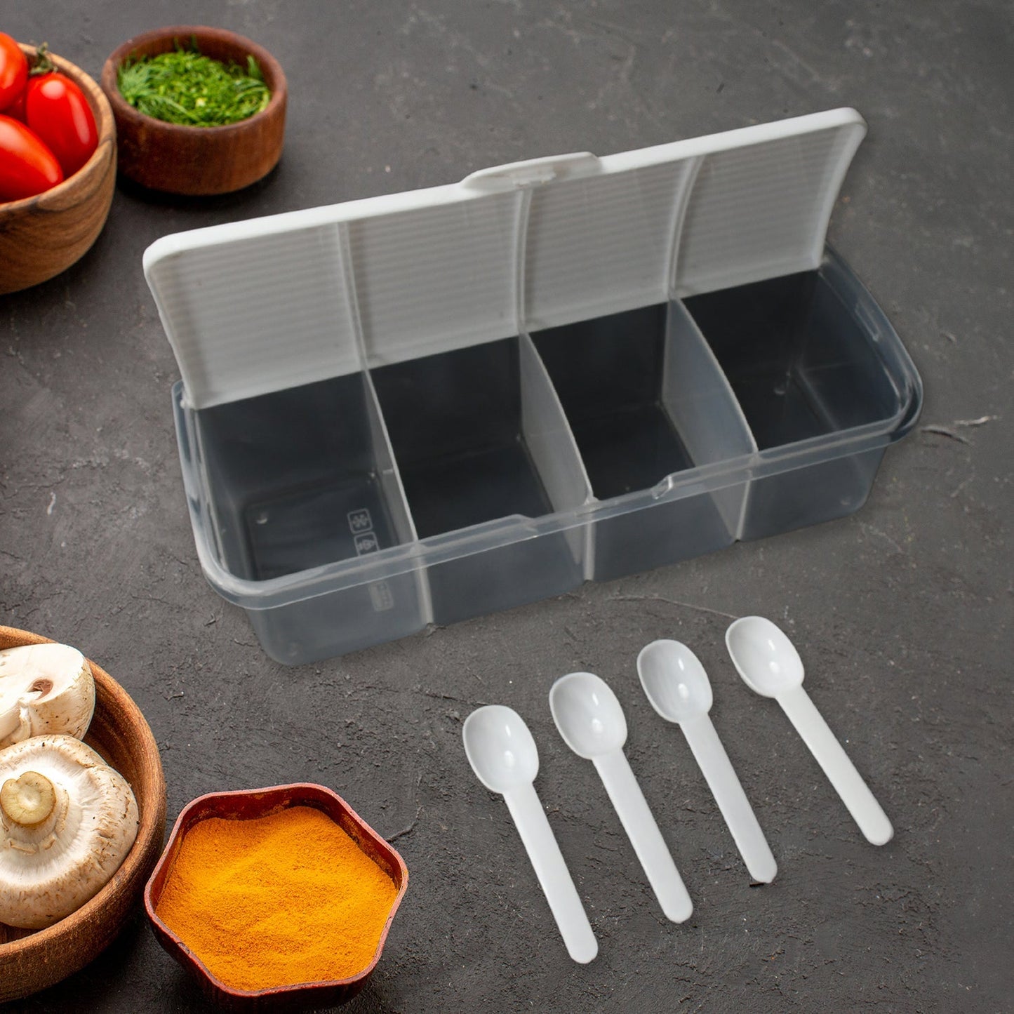 Kitchen Multipurpose Air-tight 4 Sections Storage Containers / Masala Box Pickle (Achar) Jar with 4 spoon for each section (1 Pc / Mix Color) Your Brand