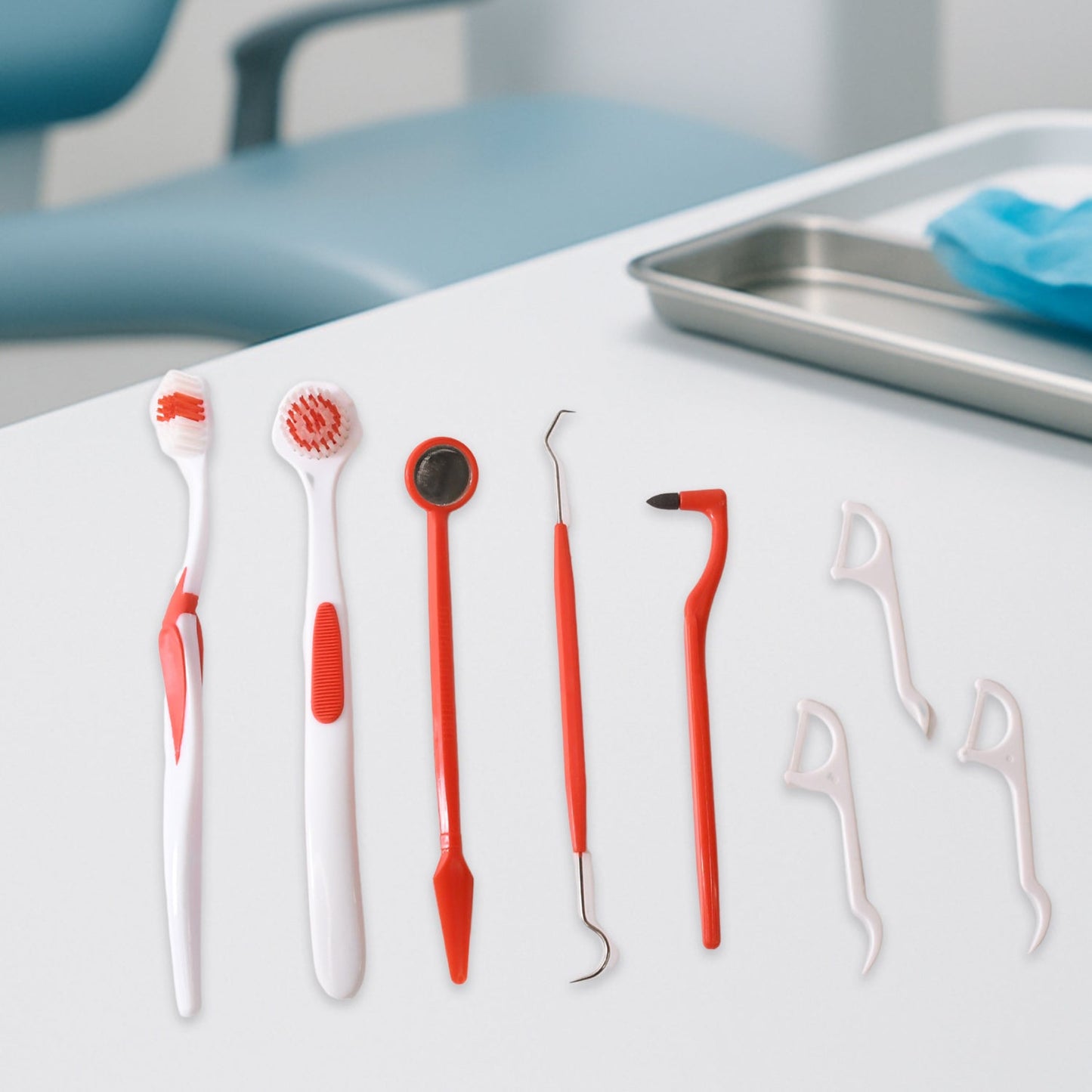 Ergonomically designed anti-slip handles Durable plastic and stainless steel tools Helps remove plaque, tartar, and food particles Ideal for use between dentist visits Travel-friendly and hygienically packaged Your Brand
