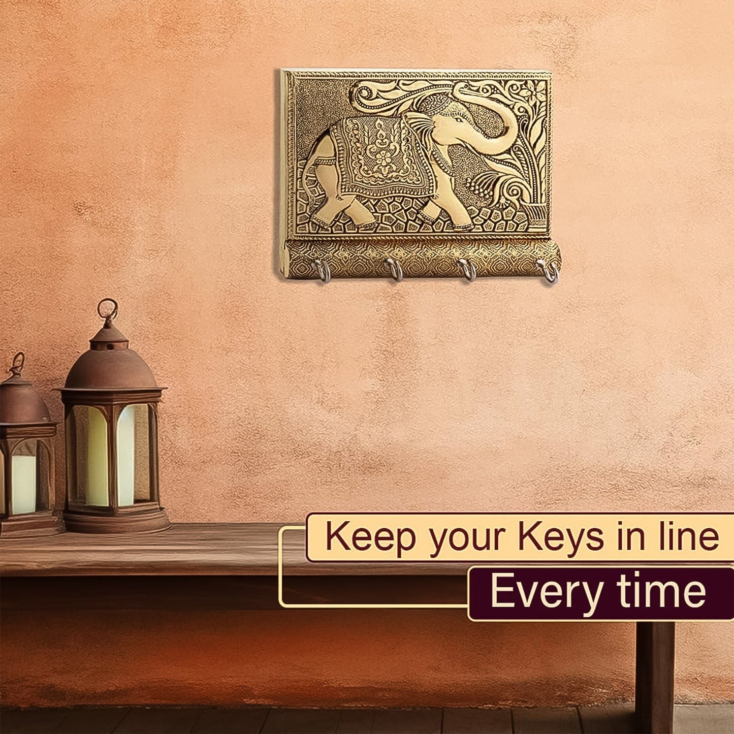 Wooden Key Holder for Home Decor Stylish Metal Gold Antique Elephant Design (1 Pc) Your Brand