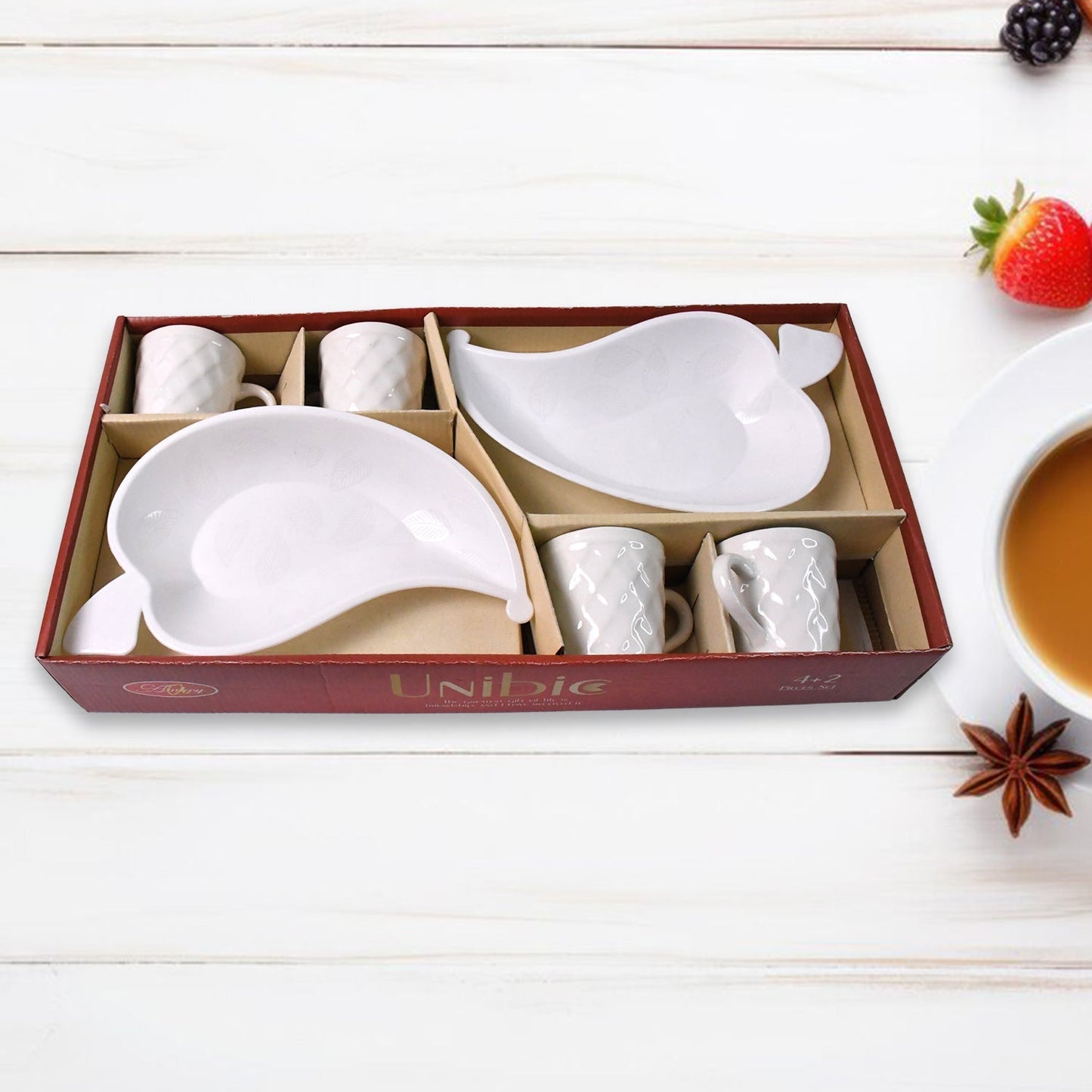 Unibic Ceramic Tea Cups With Plastic Leaf Shape tray / Platter (6 Pcs Set) Your Brand