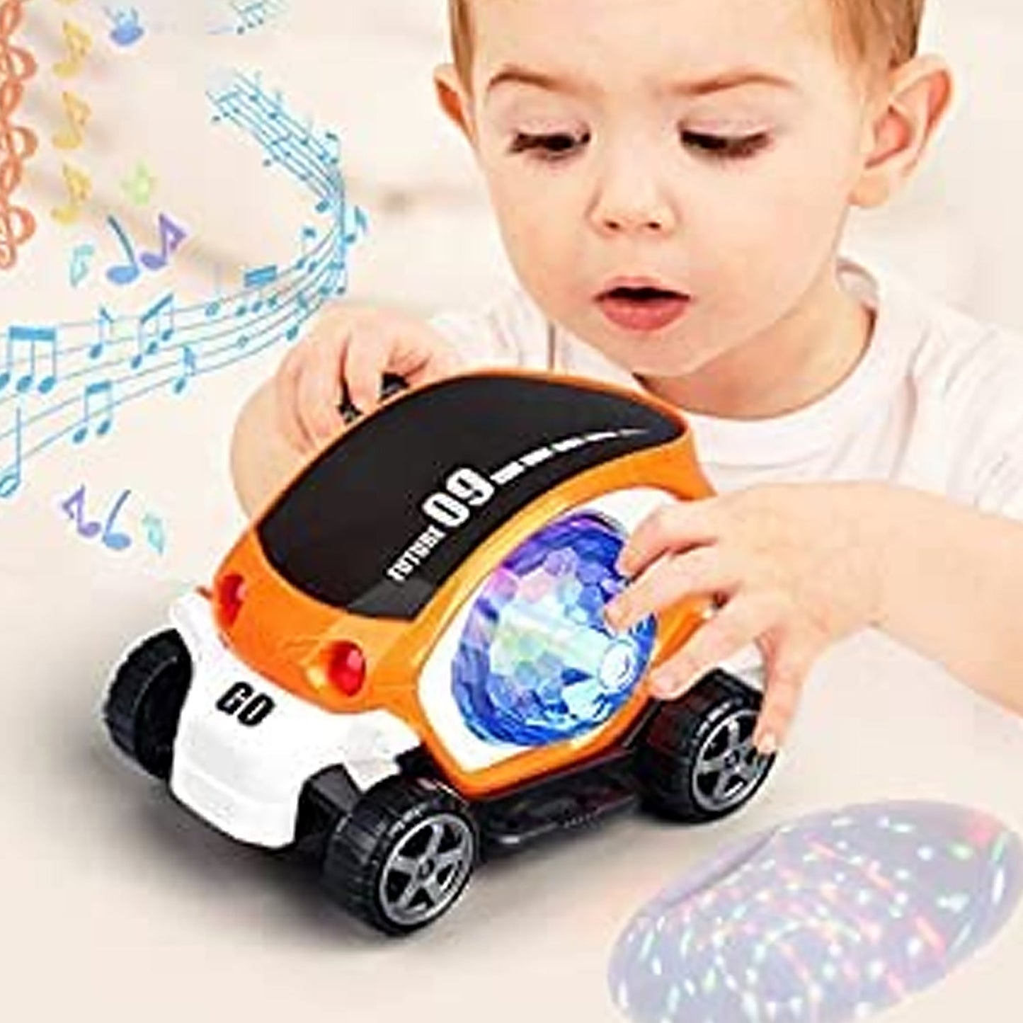 360° Rotating Stunt Car Toy – Bump & Go with 4D Lights, Music & Disco Ball (1 Pc, Battery Not Included) Your Brand