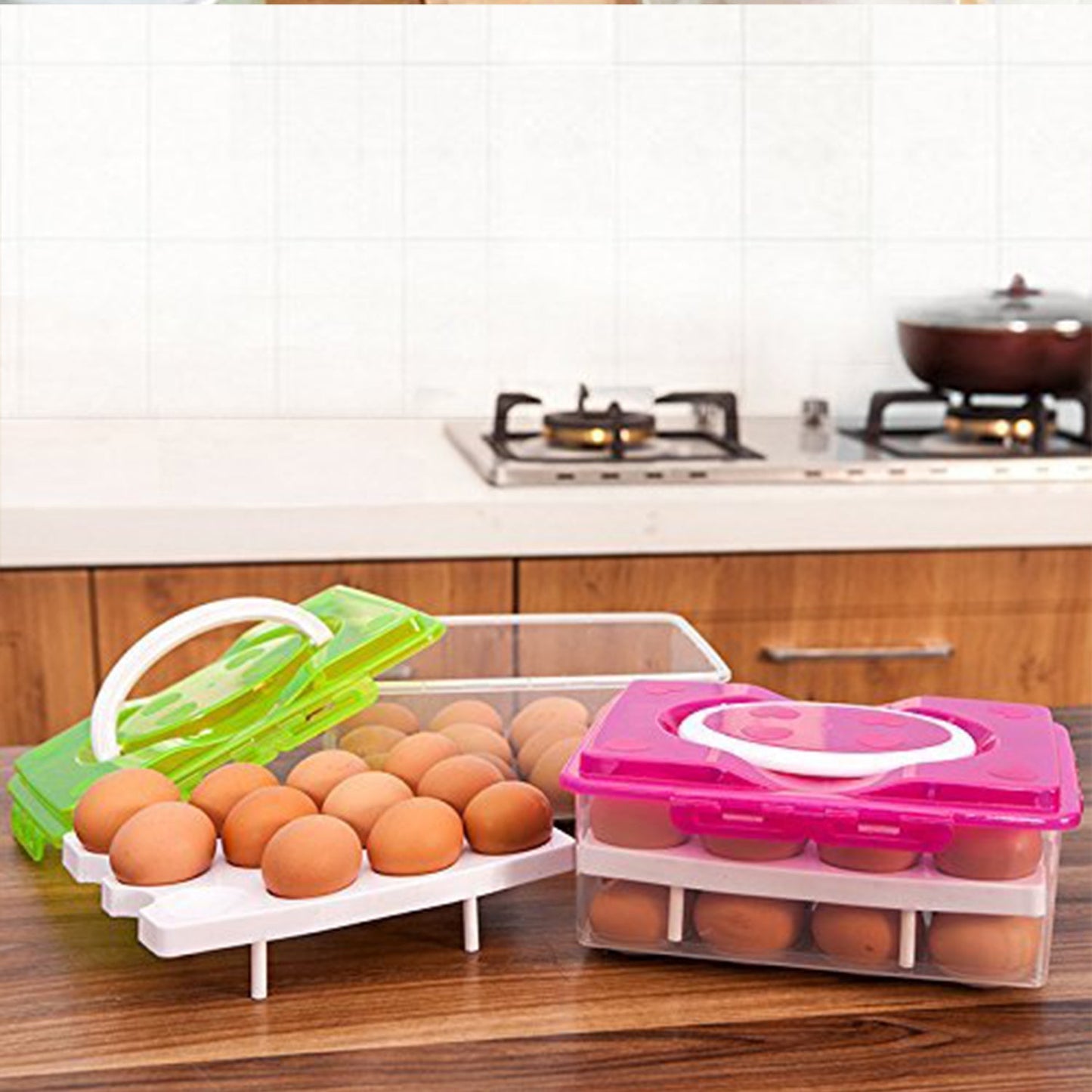 2Layer, 32 Grid Egg Tray with Lid Egg Carrier Holder for Refrigerator, Camping Food Storage Container with Handle (1 Pc ) Your Brand