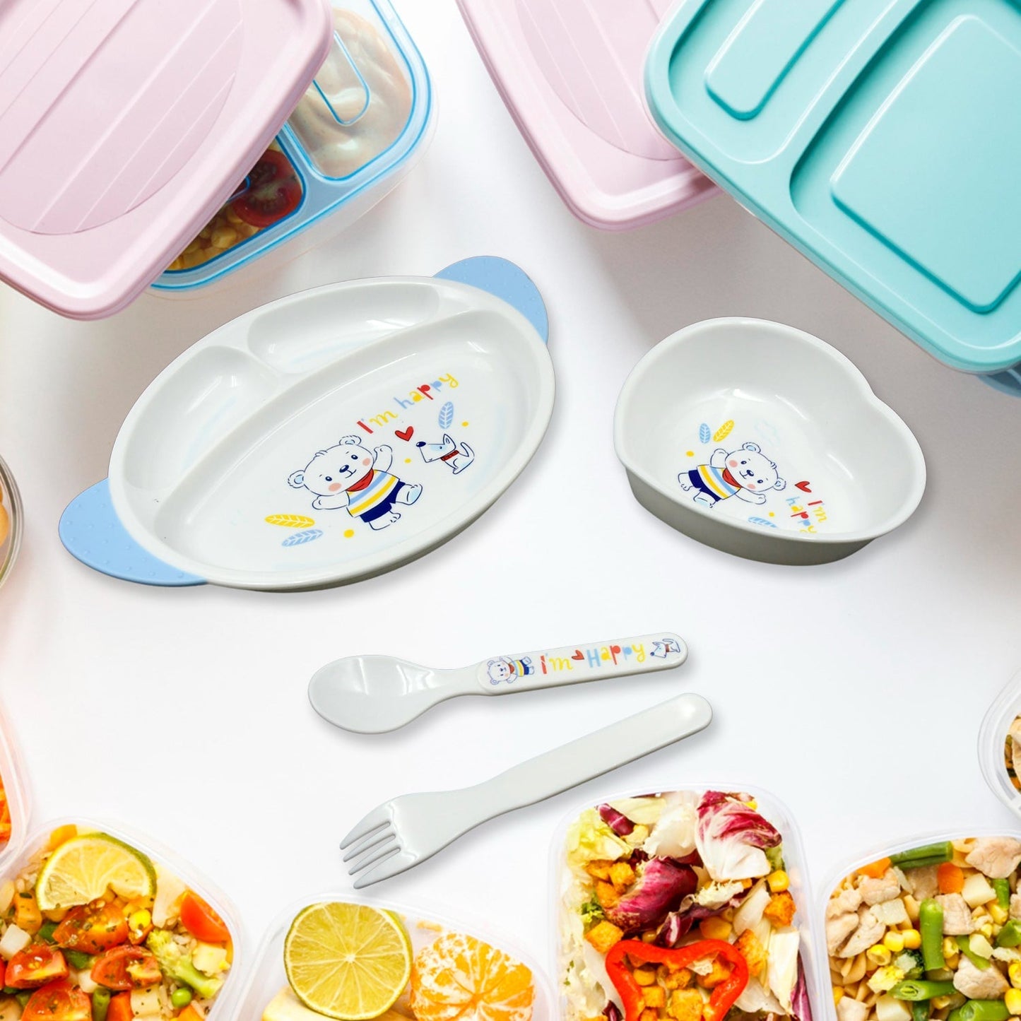 5in1 Baby Feeding Set for Kids and Toddlers,Children Children Dinnerware Set - Feeding Set for Kids, Cartoon Design Plate, Cup, Spoon, Fork Tableware Cutlery for Kids Microwave (5 Pcs Set) Your Brand