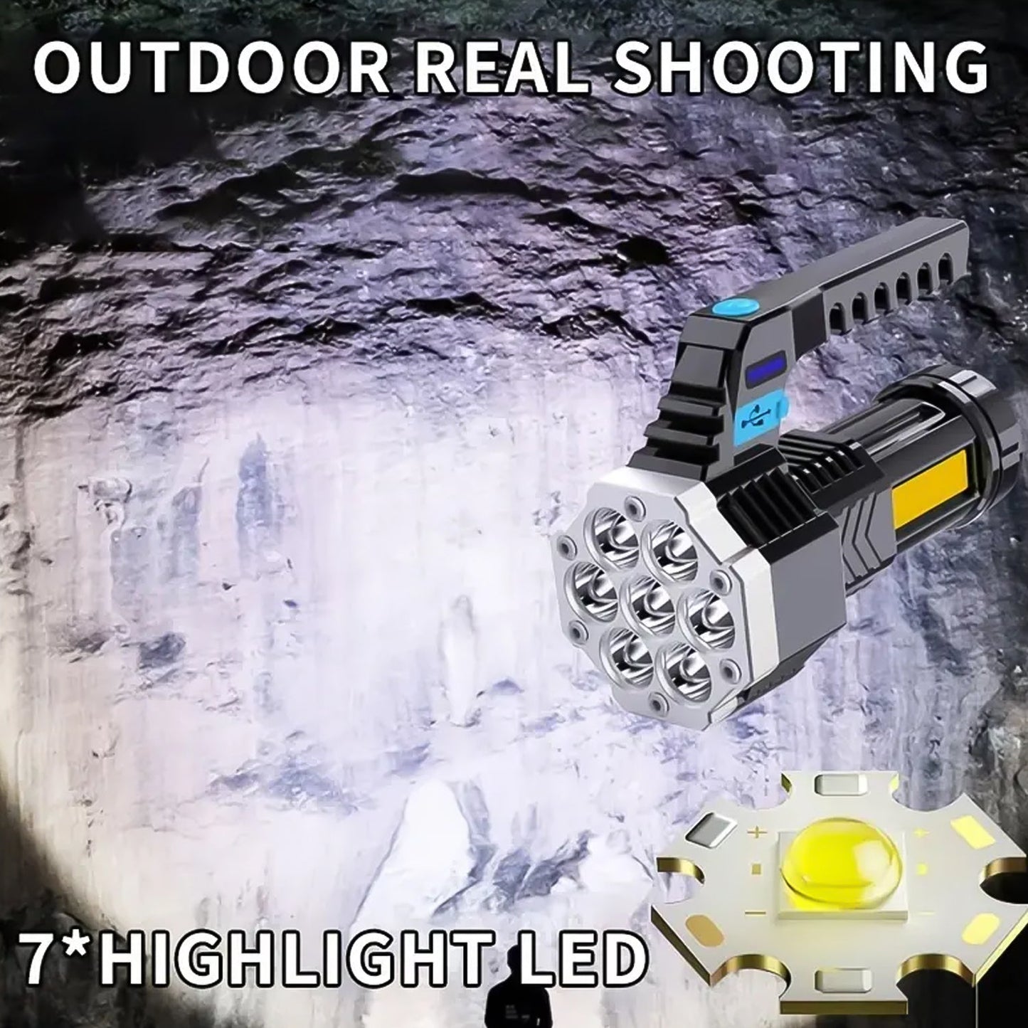 Portable Flashlight / Torch COB 7LED Hand Light USB Rechargeable Light with Side Light (1 Pc) Your Brand