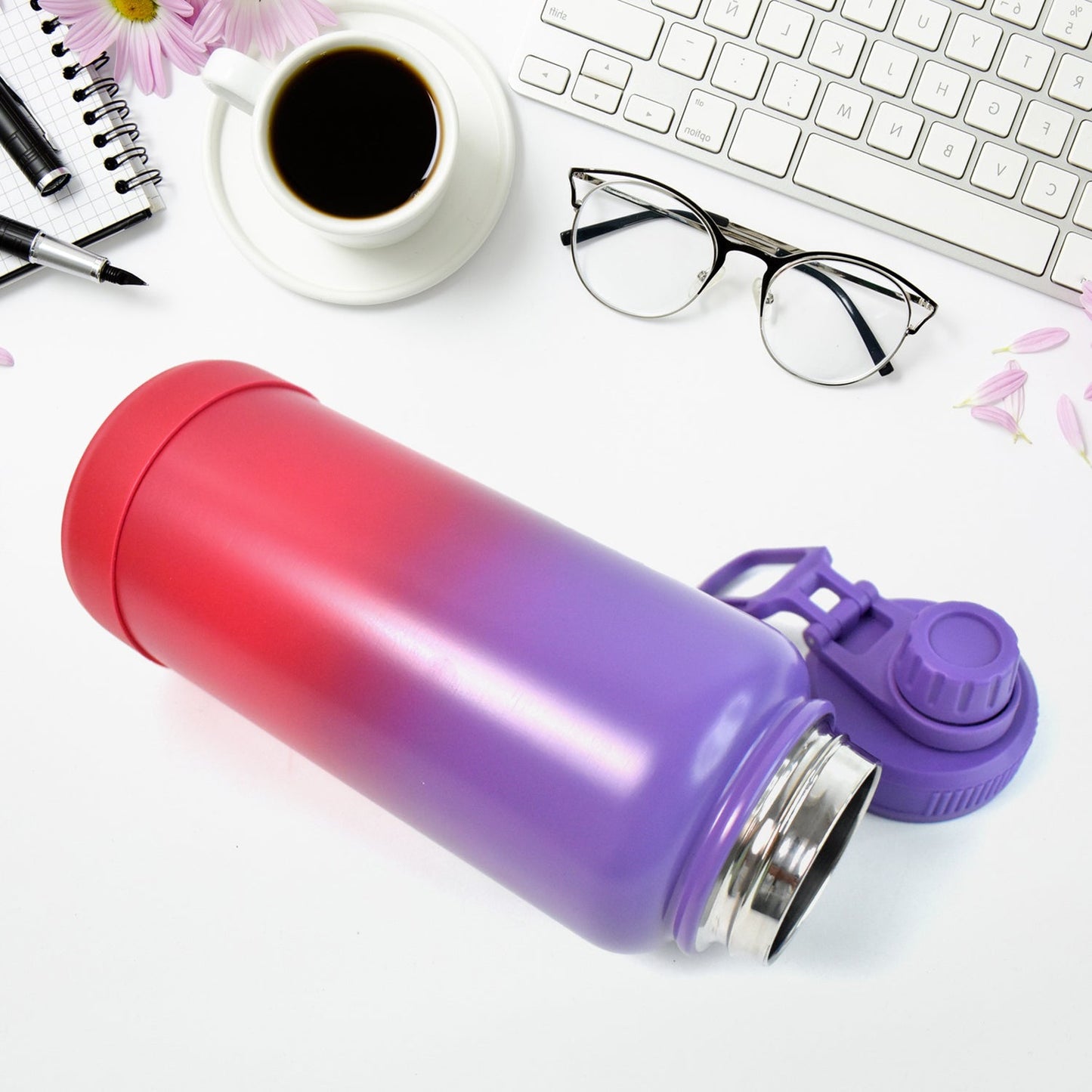 Two Tone Pink Stainless Steel Water Bottle | Copper Coated Vacuum Insulation | Powder Coated | Secure Grip | Leakproof Easy Pour Cap (1000ml) Your Brand