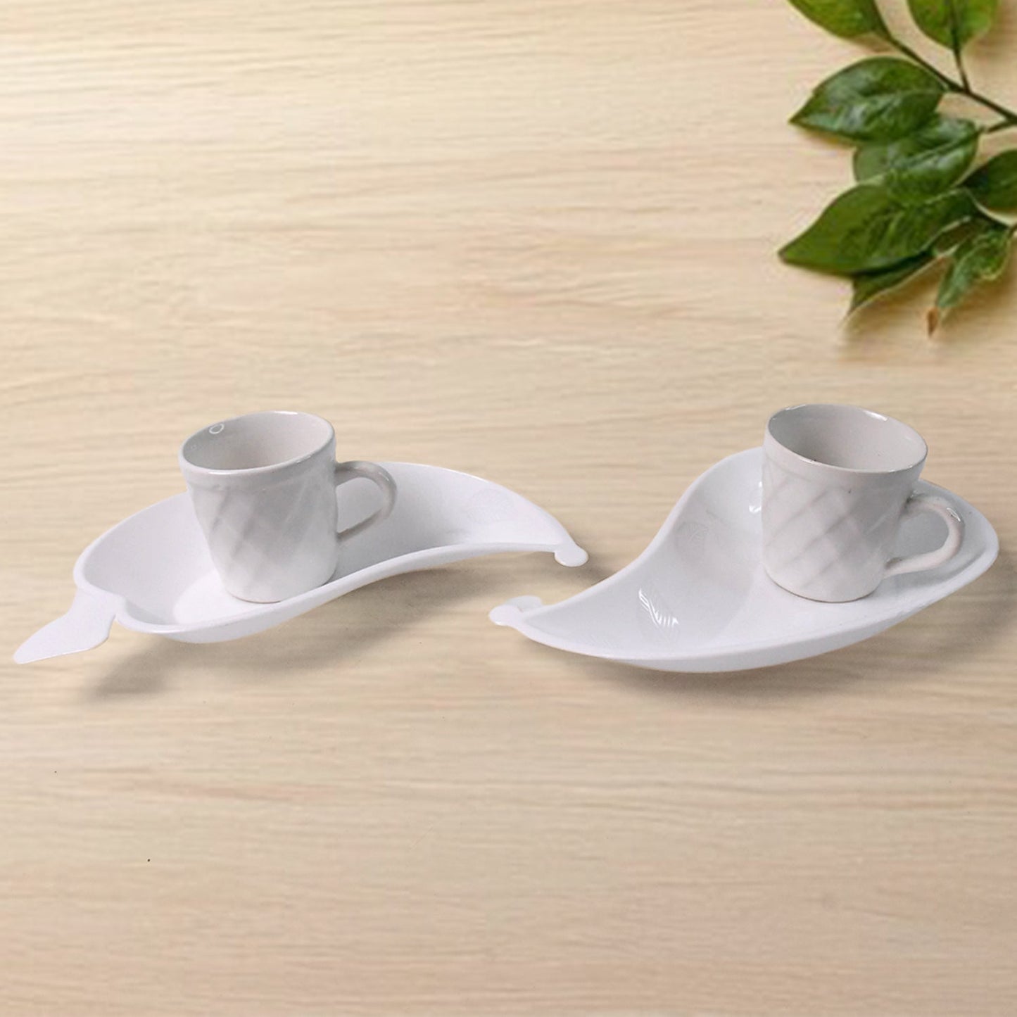 Unibic Ceramic Tea Cups With Plastic Leaf Shape tray / Platter (6 Pcs Set) Your Brand