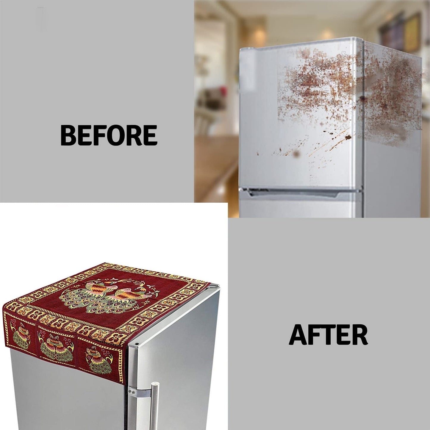Cotton Fridge Top Cover Set - Standard, Appliance Covers Fridge Dustproof Cover with Peacock Deign 6 Utility Side Pockets Fridge Cover For All types Fridge Refrigerator Use (100x60CM) Your Brand