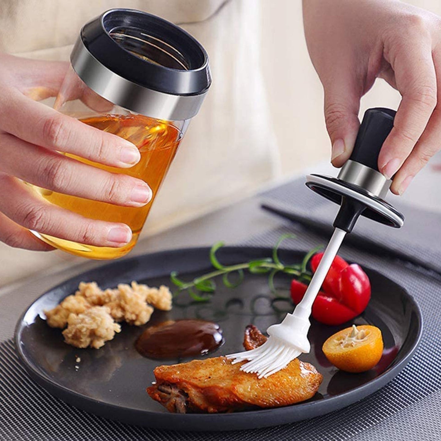 Clear Glass Oil Dispenser Bottle with Integrated Silicone Basting Brush (250ml Approx) Your Brand