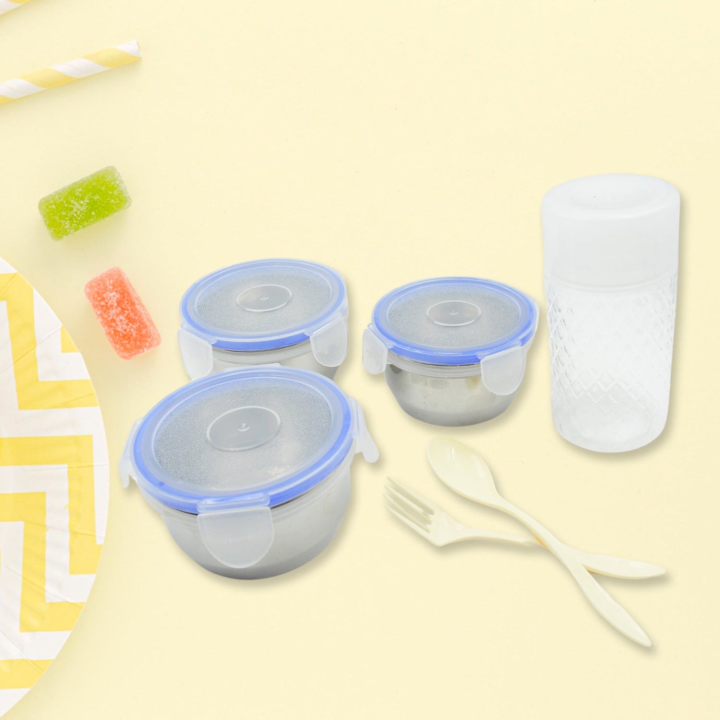 6In1 Tiffin Box-Lunch Box | 3 Stainless Steel Containers | Plastic lid Box | Spoon & Fork /Plastic Bottle | Insulated Fabric Bag | Leak Proof | Microwave Safe for Office, College and School for Men, Women (6 pcs) Your Brand