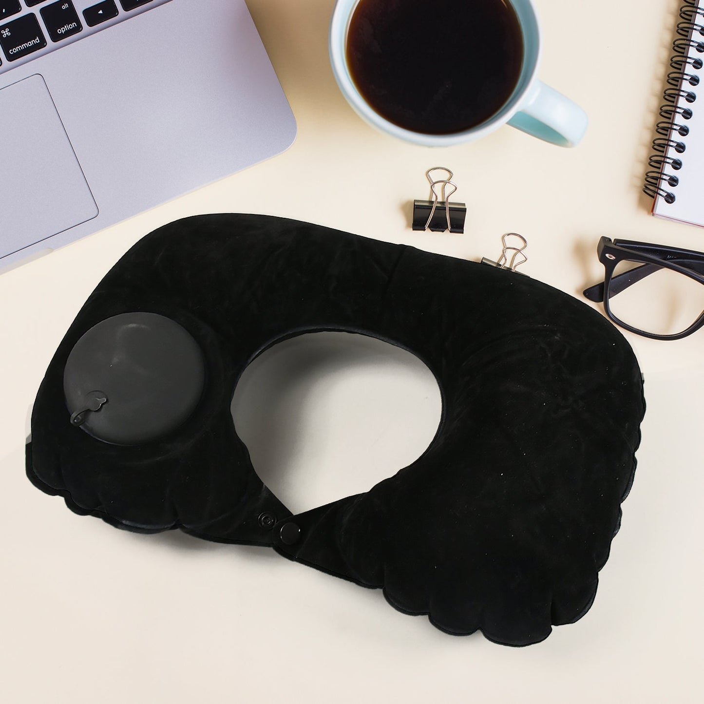8512 3 in 1 Comfortable Travel Sleeping Kit, Neck Pillow, Eye Mask & Ear Plug Set Inflatable Plane Sleeping Pillow Head Neck Support Pillows for Travel Airplane Office, Black Your Brand