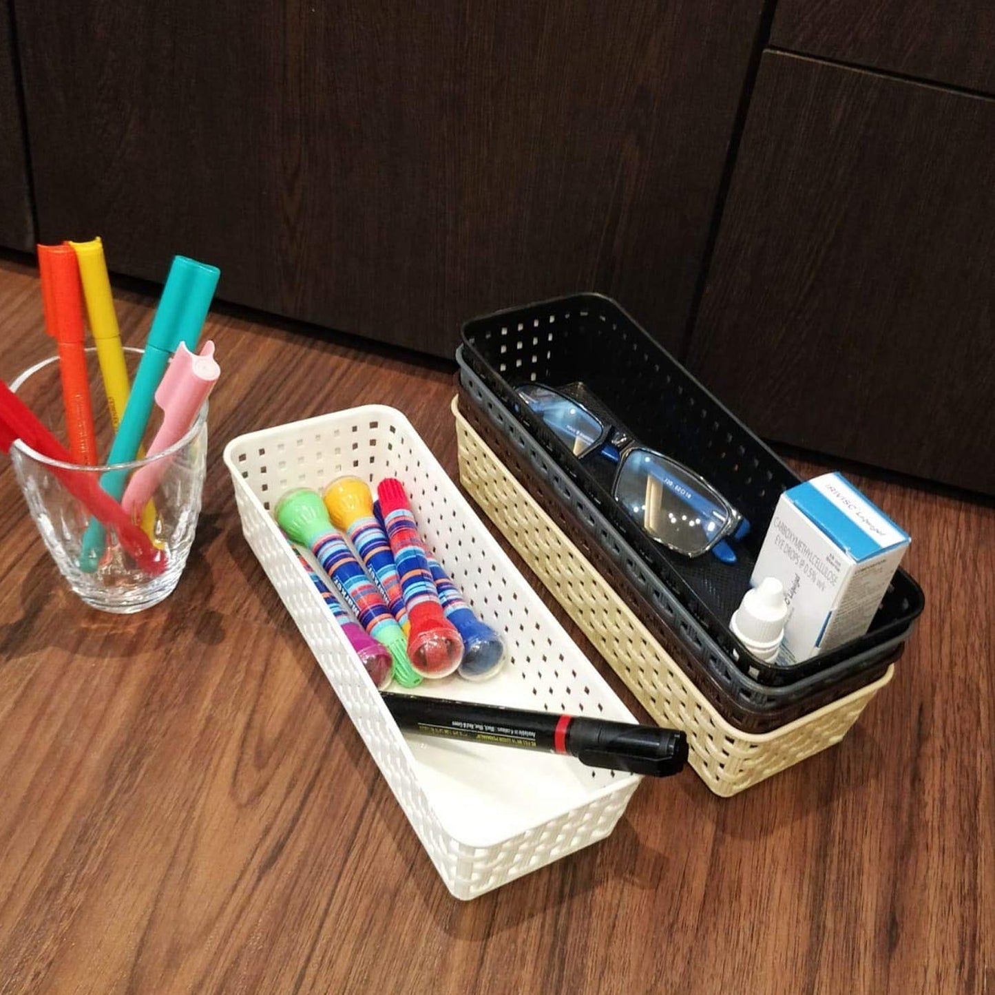 Plastic Multipurpose Desk Organizer Tray Office Drawer Dividers Storage Bins for Kitchen, Bathroom, Office, Makeup, Bedroom Dresser, Craft Basket Rack Multicolour (6 Pcs Set) Your Brand