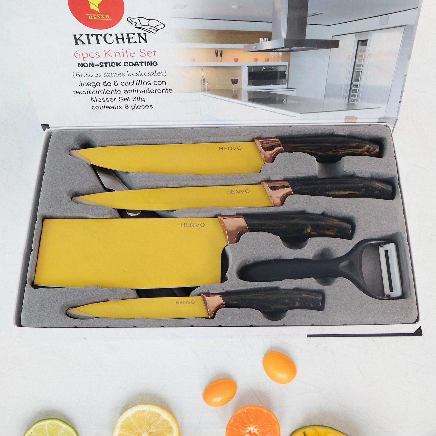 6 Pcs Professional Kitchen Knife Set with Chef Knives, Cleaver, Peeler & Scissors Your Brand