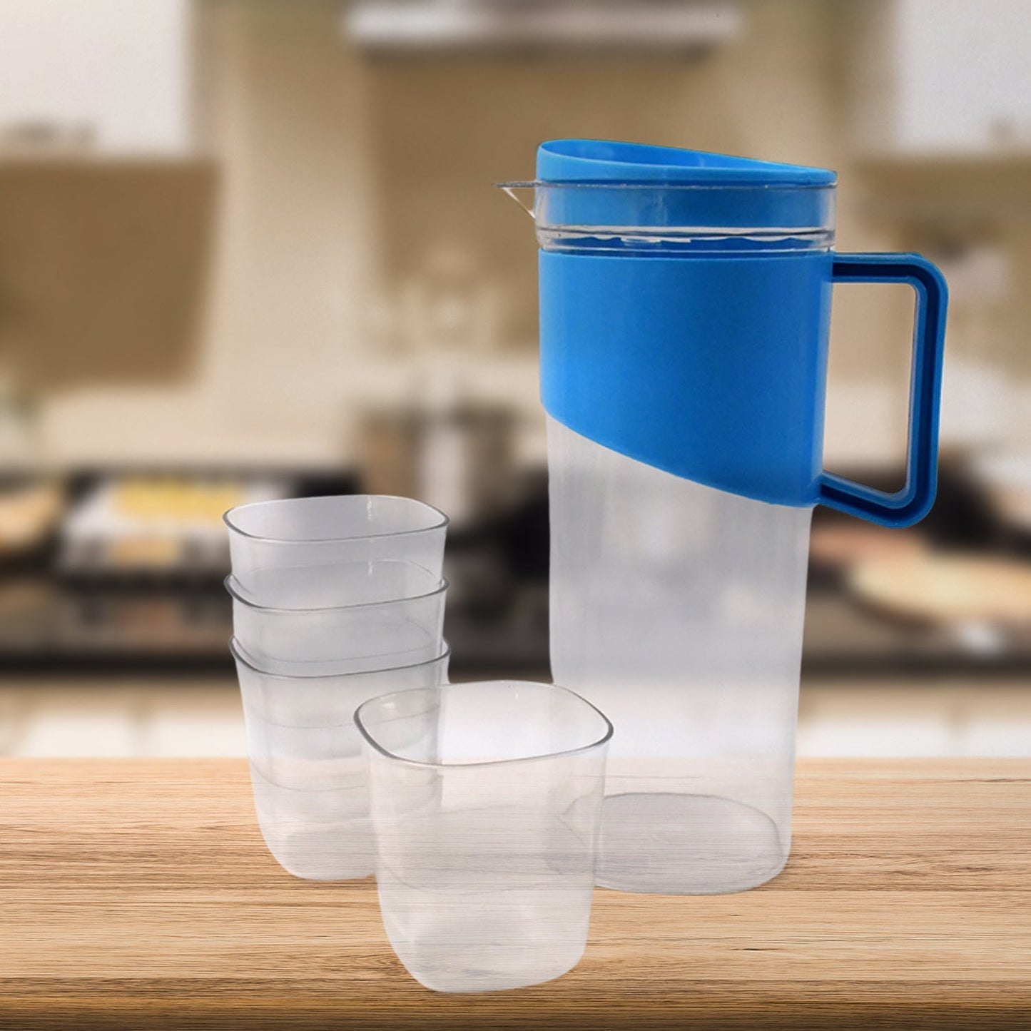 Transparent Stylish Premium Jug with Elegant Handle (2000 ML Jug Approx & 4 Pcs Plastic Glass) Your Brand