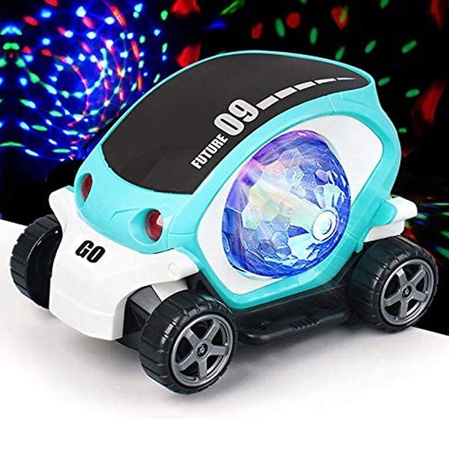 360° Rotating Stunt Car Toy – Bump & Go with 4D Lights, Music & Disco Ball (1 Pc, Battery Not Included) Your Brand