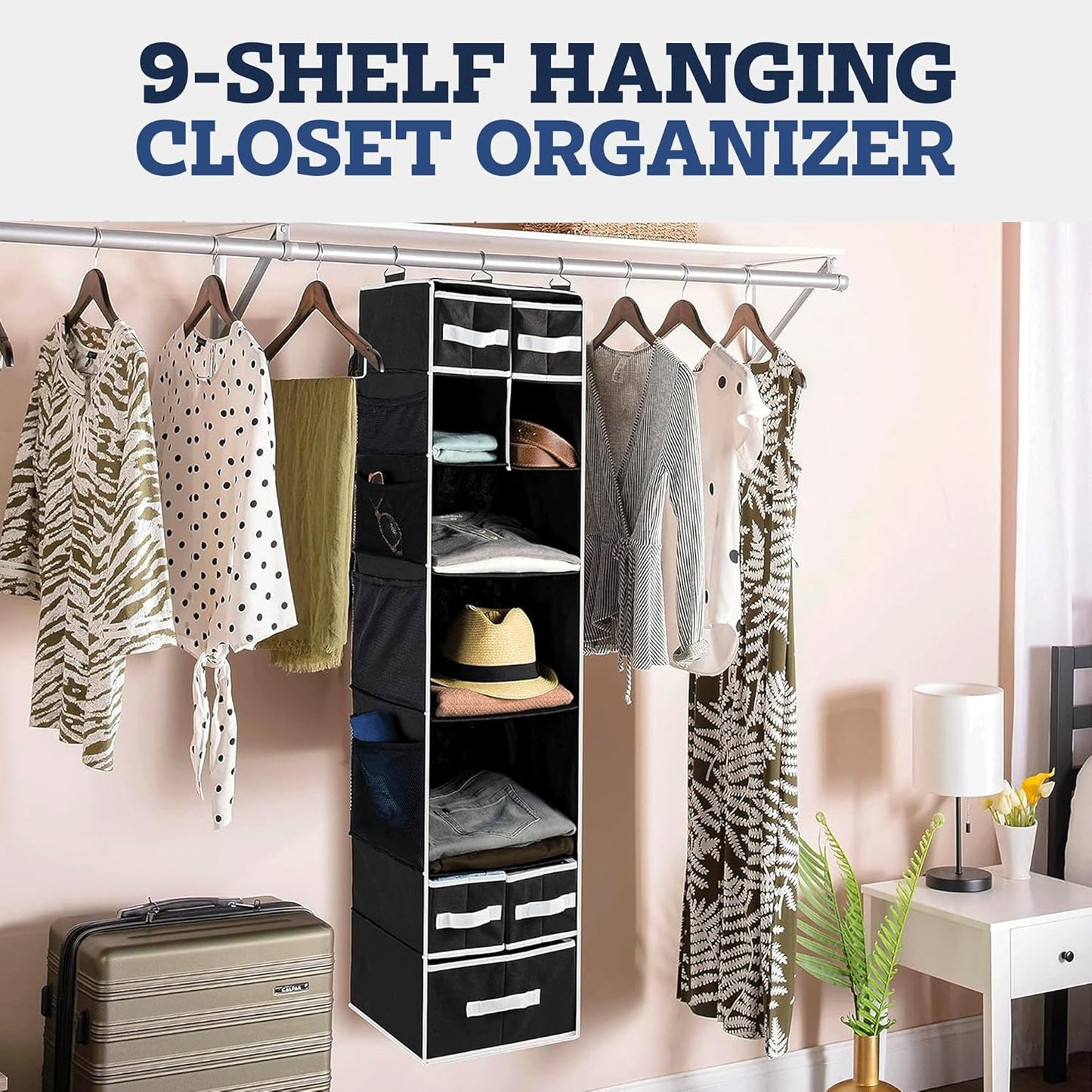 9 Shelf Hanging Closet Organizer with 5 Drawer Organizers Your Brand