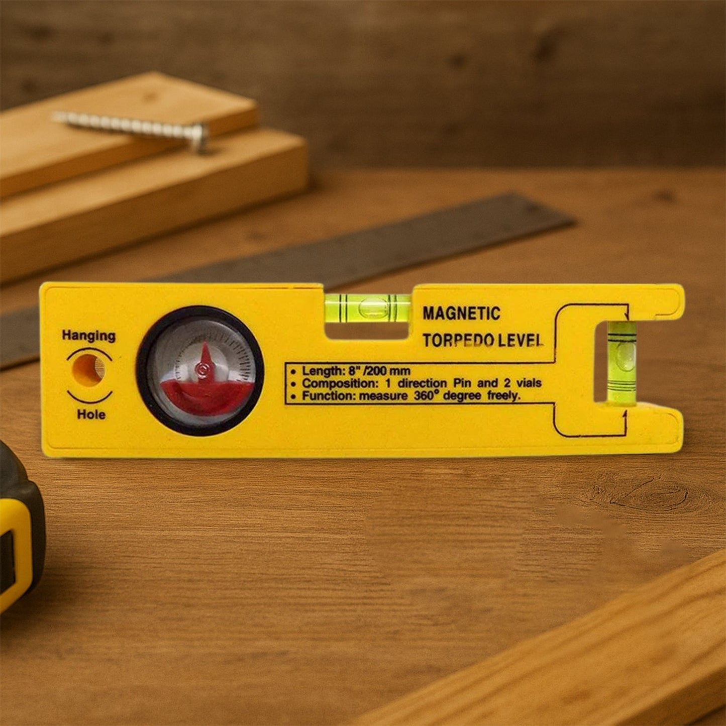 8-inch Magnetic Torpedo Level with 1 Direction Pin, 2 Vials and 360 Degree View Your Brand