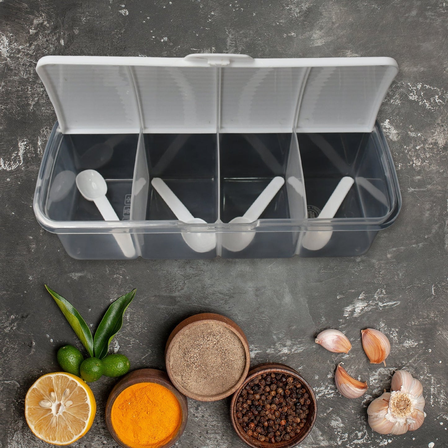 Kitchen Multipurpose Air-tight 4 Sections Storage Containers / Masala Box Pickle (Achar) Jar with 4 spoon for each section (1 Pc / Mix Color) Your Brand