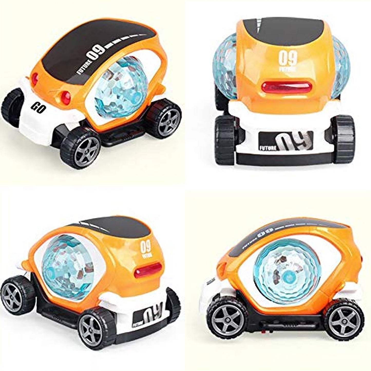 360° Rotating Stunt Car Toy – Bump & Go with 4D Lights, Music & Disco Ball (1 Pc, Battery Not Included) Your Brand