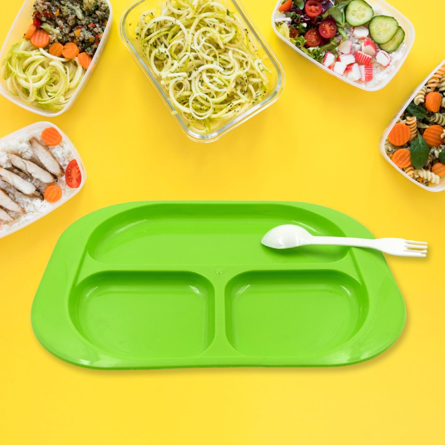 Plastic Food Plates / Biodegradable 3 Compartment Square Plate With Spoon for Food Snacks / Nuts / Desserts Plates for Kids, Reusable Plates for Outdoor, Camping, BPA-free (1 Pc) Your Brand