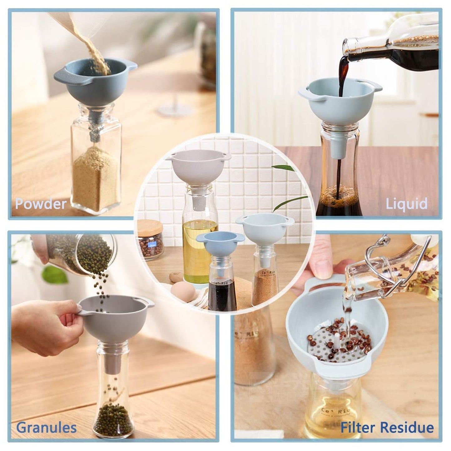 3 in 1 Kitchen Funnel Set of 3, Funnel for Filling Bottle, Small Canning Funnel with Handle, Food Grade Plastic Funnel with Detachable Strainer Filter for Liquid, Dry Ingredients, and Powder Your Brand
